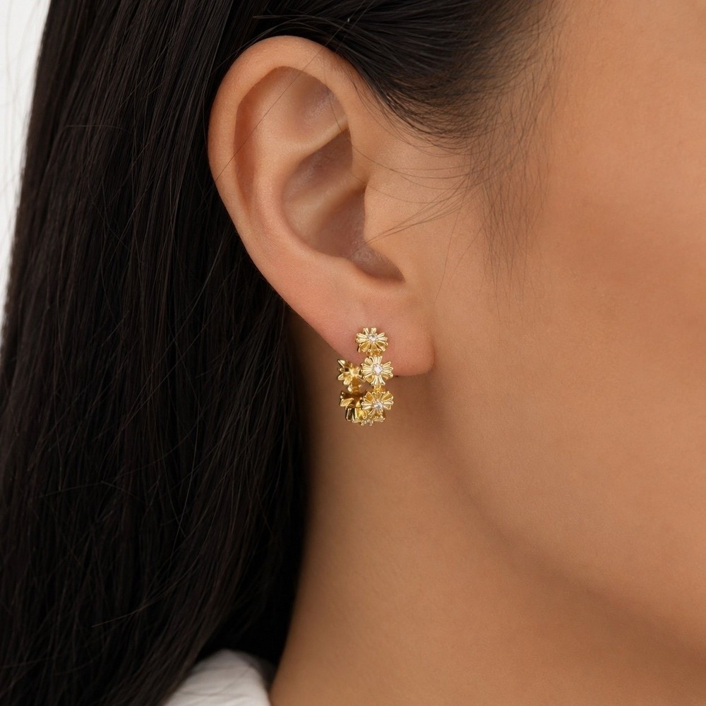 Gold Tone Daisy Floral Hoop Earrings Crystal Accent Cute Minimalist